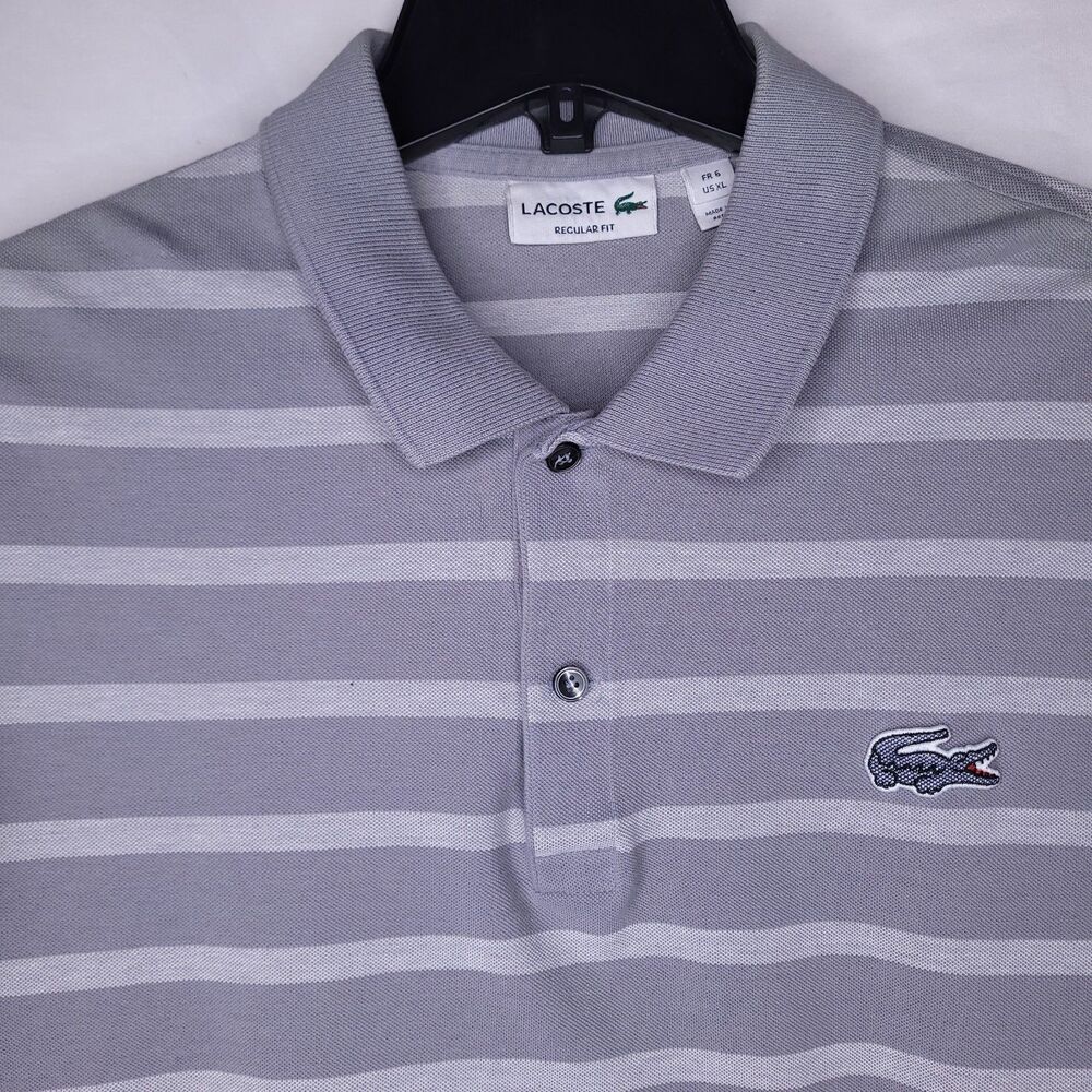 Lacoste Polo Shirt Mens XL Striped Gray Short Sleeve Regular Fit Big Gator